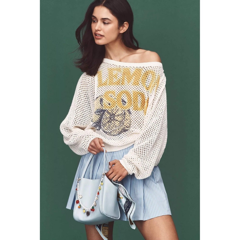 Pilcro Anthropologie Mesh Stitch Lemon Soda Graphic White Pullover Size XL